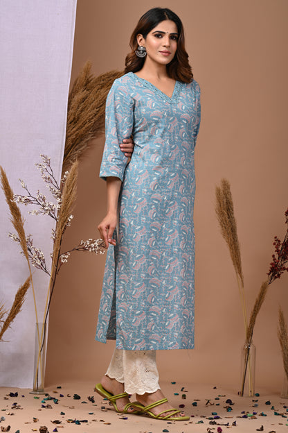 RimeLine Sea Green Ethnic Motifs Printed V-Neck Cotton Kurti