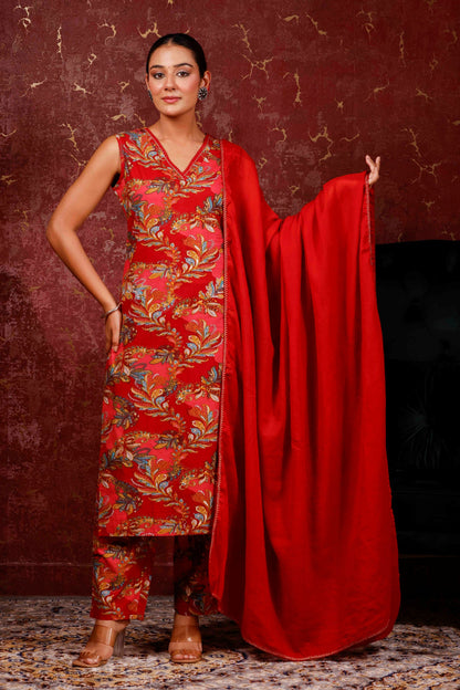 Rimeline Ethnic Motifs Printed V-Neck Pure Cotton Kurta With Trousers & Dupatta