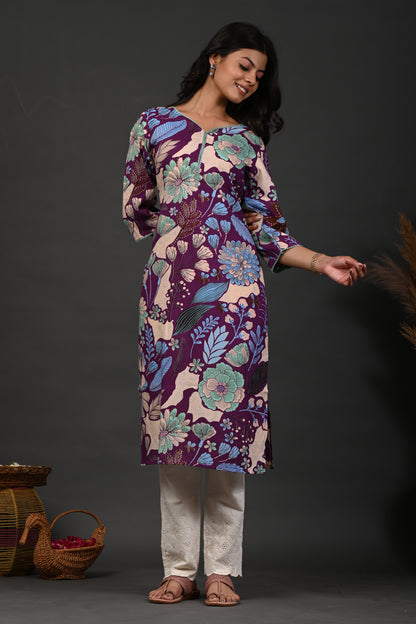 Rimeline Floral Screen Printed Sweetheart Neck Pure Cotton Straight Kurta