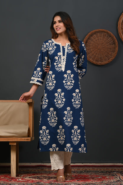 RimeLine Floral Printed Notch-Neck Straight Kurta