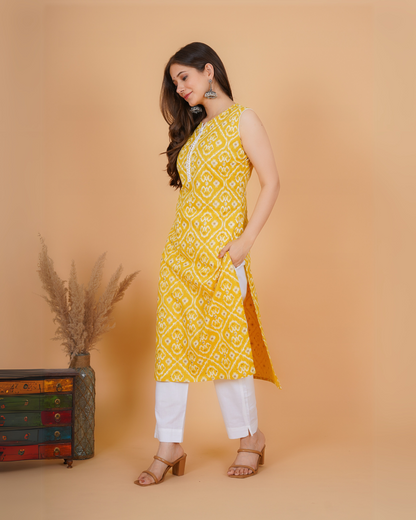 RimeLine Yellow Ethnic motifs printed Round neck Sleeveless Straight Kurta for Women