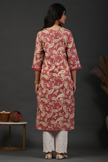 Rimeline Floral Printed V-Neck Cotton Straight Kurta