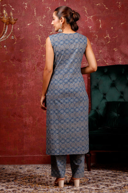 Rimeline Geometric Printed V-Neck Pure Cotton Kurta With Trousers