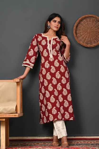 RimeLine Floral Printed Notch-Neck Straight Kurta