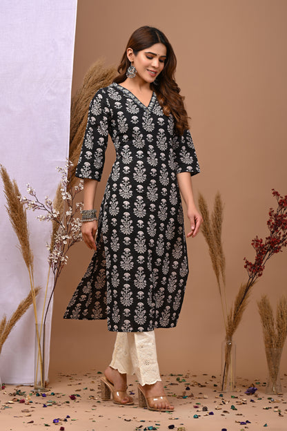 Floral Printed V-Neck Pure Cotton Kurti - Rimeline