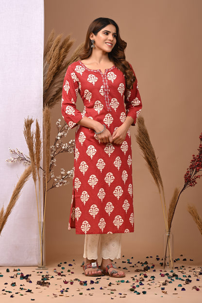 RimeLine Maroon Ethnic Motifs Printed Round-Neck Cotton Kurti