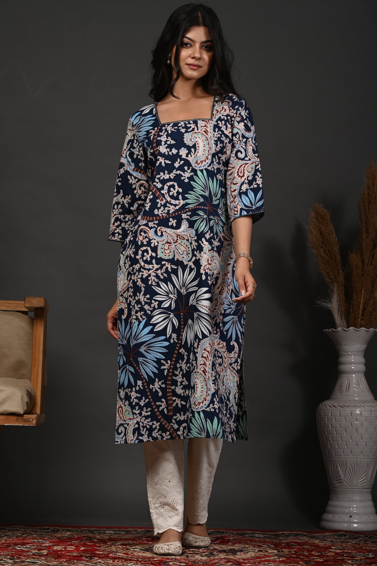 Rimeline Floral Screen Printed Square Neck Pure Cotton Straight Kurta