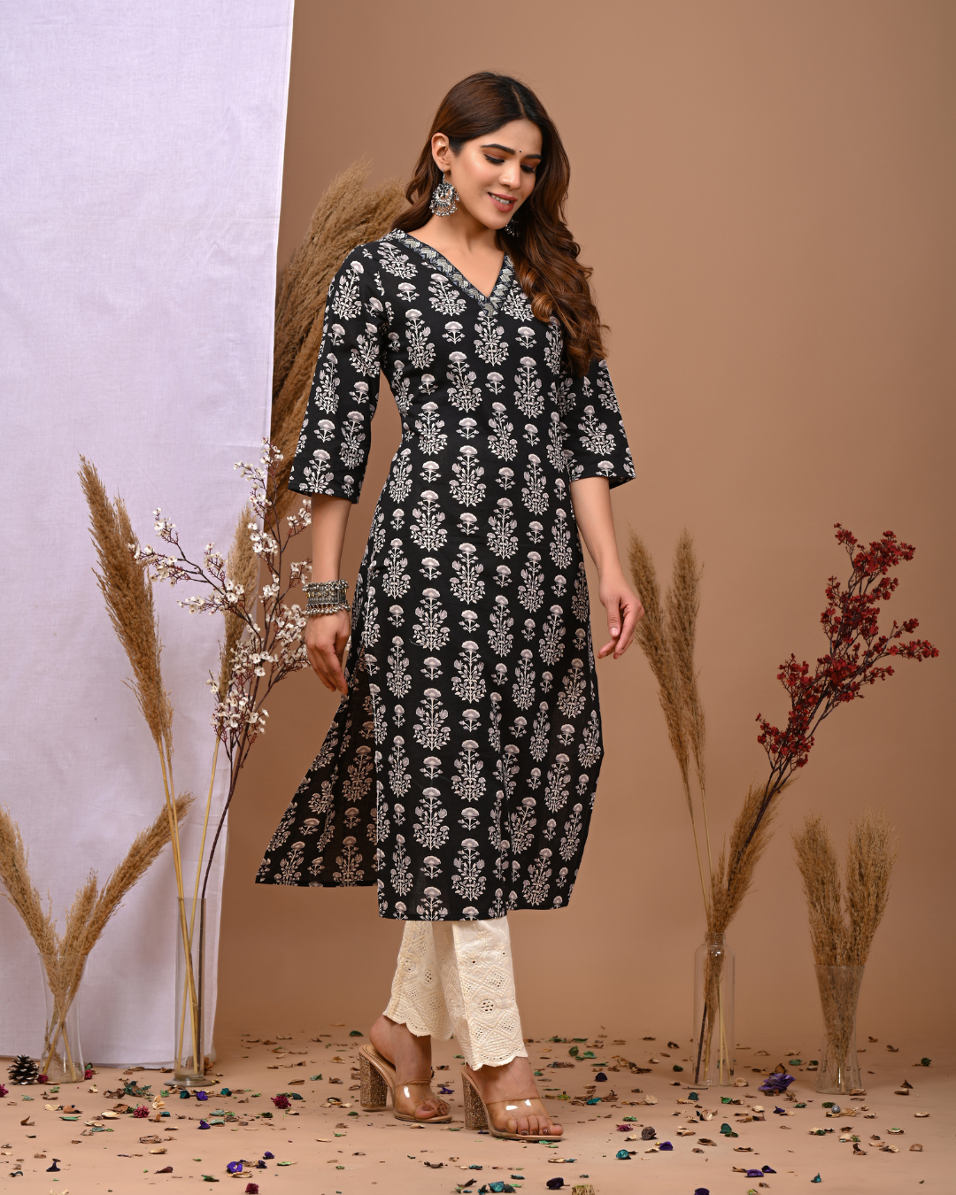 Floral Printed V-Neck Pure Cotton Kurti