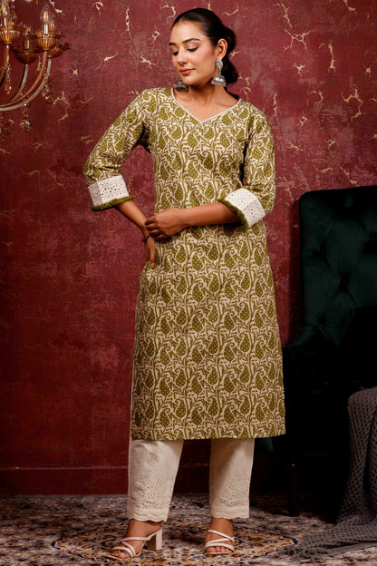 Rimeline Ethnic Motifs Printed V-Neck Cotton Straight Kurta