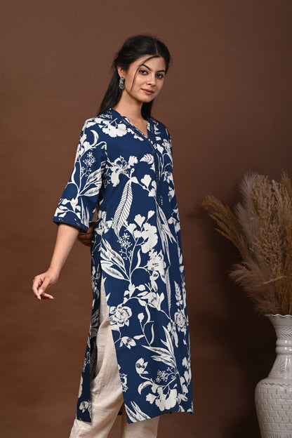 Rimeline Floral Screen Printed V-Neck Pure Cotton Straight Kurta