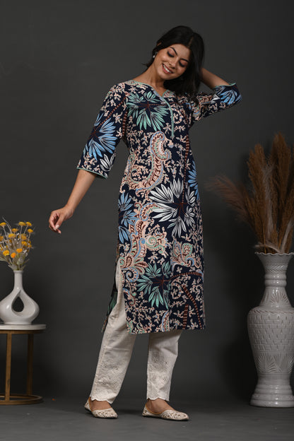 Rimeline Floral Screen Printed Sweetheart Neck Pure Cotton Straight Kurta
