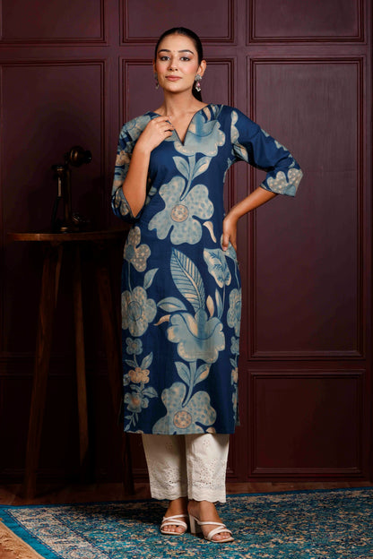 Rimeline Floral Printed V-Neck Straight Pure Cotton Kurta