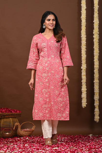 Floral Printed V-Neck Pure Cotton Straight Kurtas - Rimeline