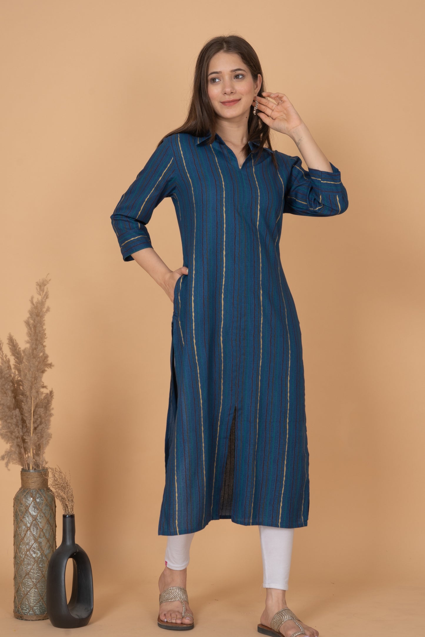 RimeLine Blue Collered Neck Kurti For Women