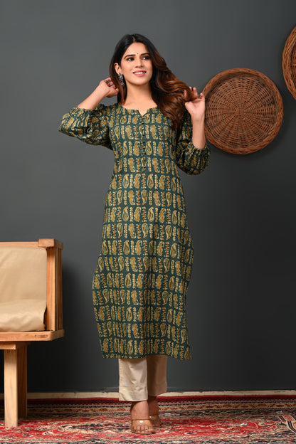 Rimeline Women Paisley Printed Puff Sleeves Pure Cotton Kurta