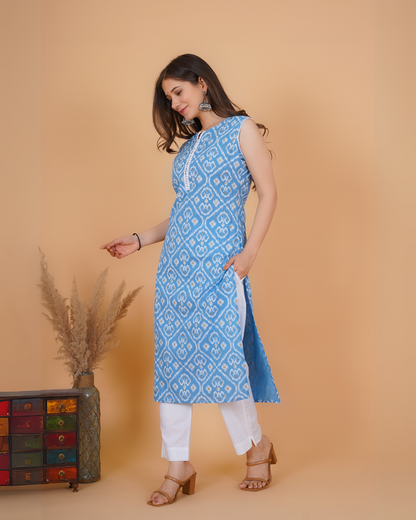 RimeLine Ethnic motifs printed Round neck Sleeveless Blue Straight Kurta for Women