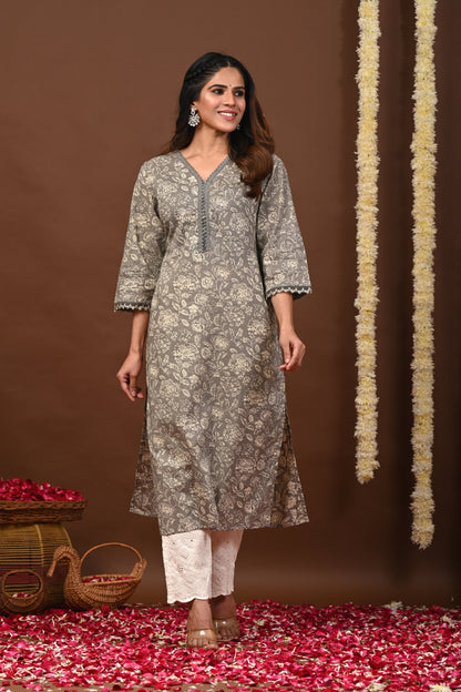 Rimeline Floral Printed V-Neck Pure Cotton Straight Kurtas
