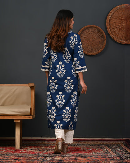 RimeLine Floral Printed Notch-Neck Straight Kurta