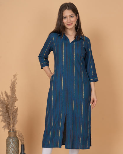 RimeLine Blue Collered Neck Kurti For Women