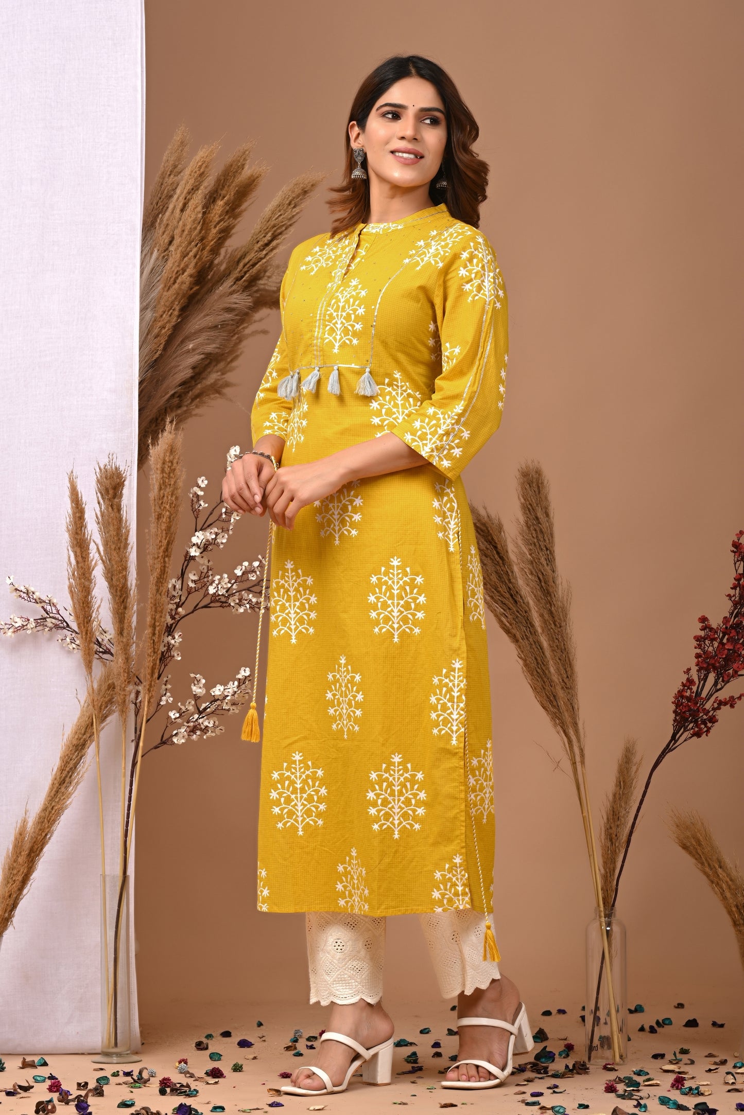 RimeLine Mesh Yellow Mandain Neck Kurti For Women
