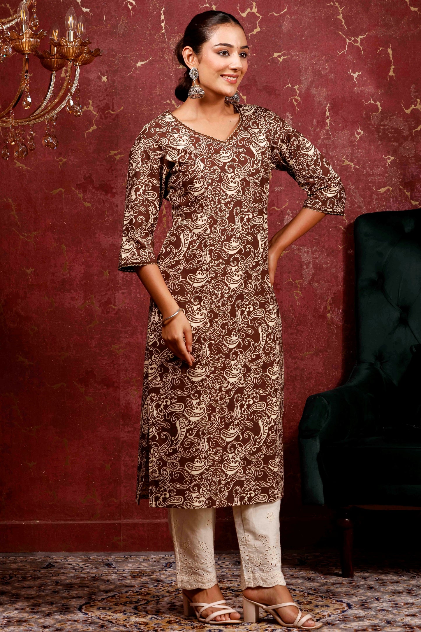 Rimeline Women Ethnic Motifs Printed Round Neck Pure Cotton Straight Kurta