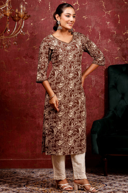 Rimeline Women Ethnic Motifs Printed Round Neck Pure Cotton Straight Kurta