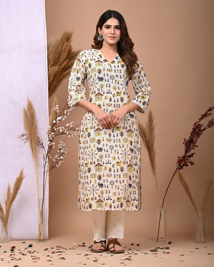 Ethnic Motifs Printed V-Neck Three-Quarter Sleeves Pure Cotton Straight Kurta