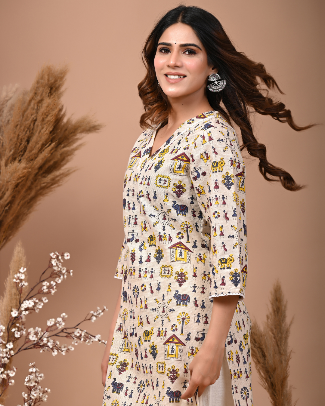Ethnic Motifs Printed V-Neck Three-Quarter Sleeves Pure Cotton Straight Kurta