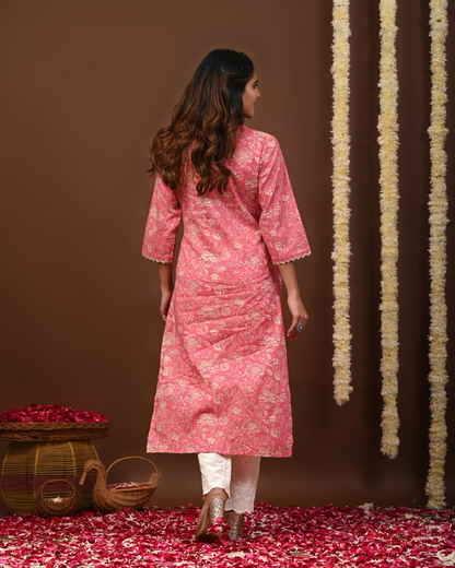 Floral Printed V-Neck Pure Cotton Straight Kurtas