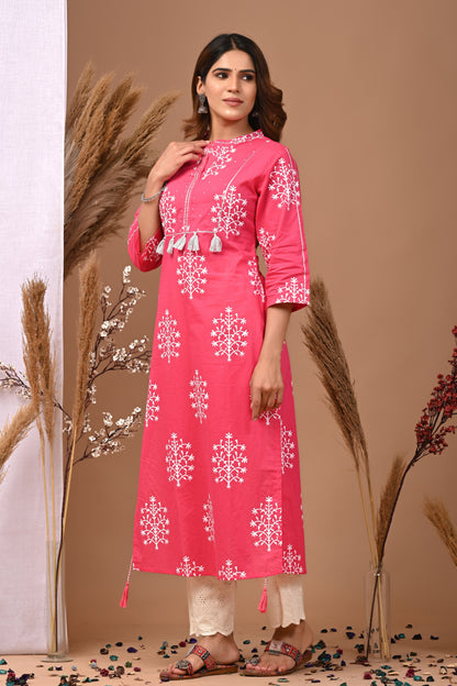 RimeLine Mesh Pink Mandain Neck Kurti For Women