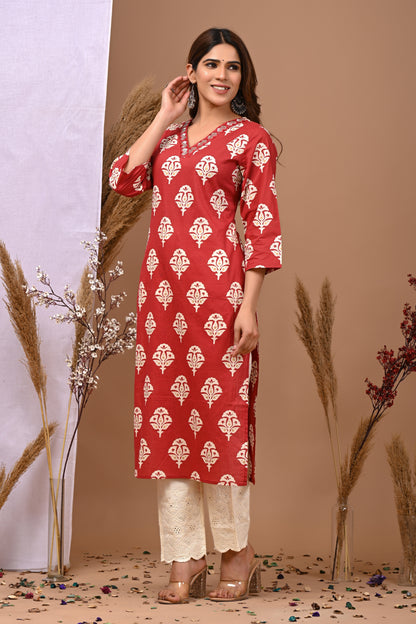 Rimeline Ethnic Motifs Printed Pure Cotton Straight Kurta