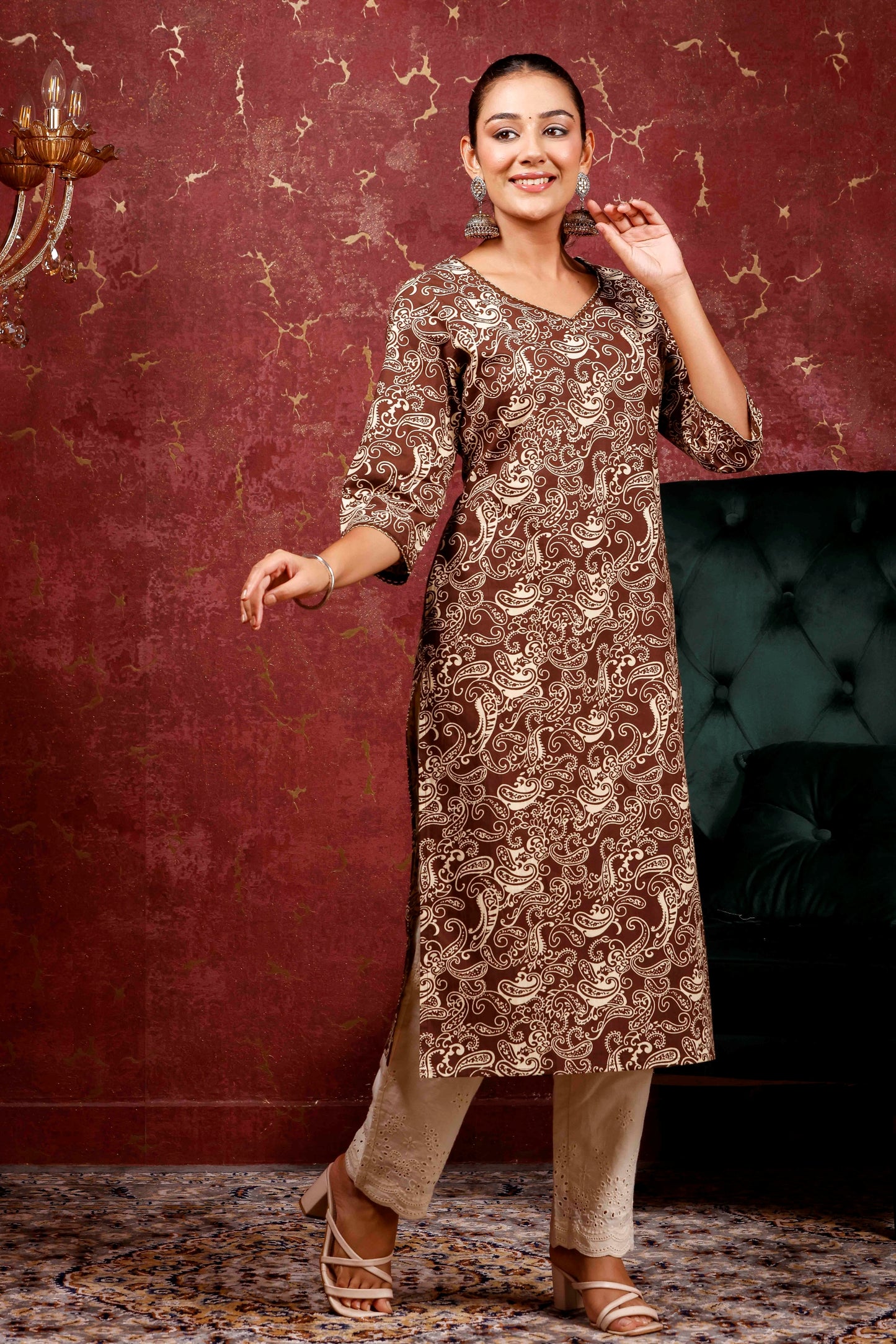 Rimeline Women Ethnic Motifs Printed Round Neck Pure Cotton Straight Kurta