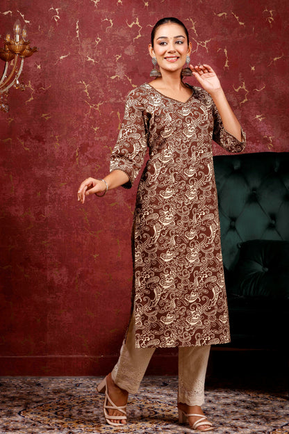 Rimeline Women Ethnic Motifs Printed Round Neck Pure Cotton Straight Kurta