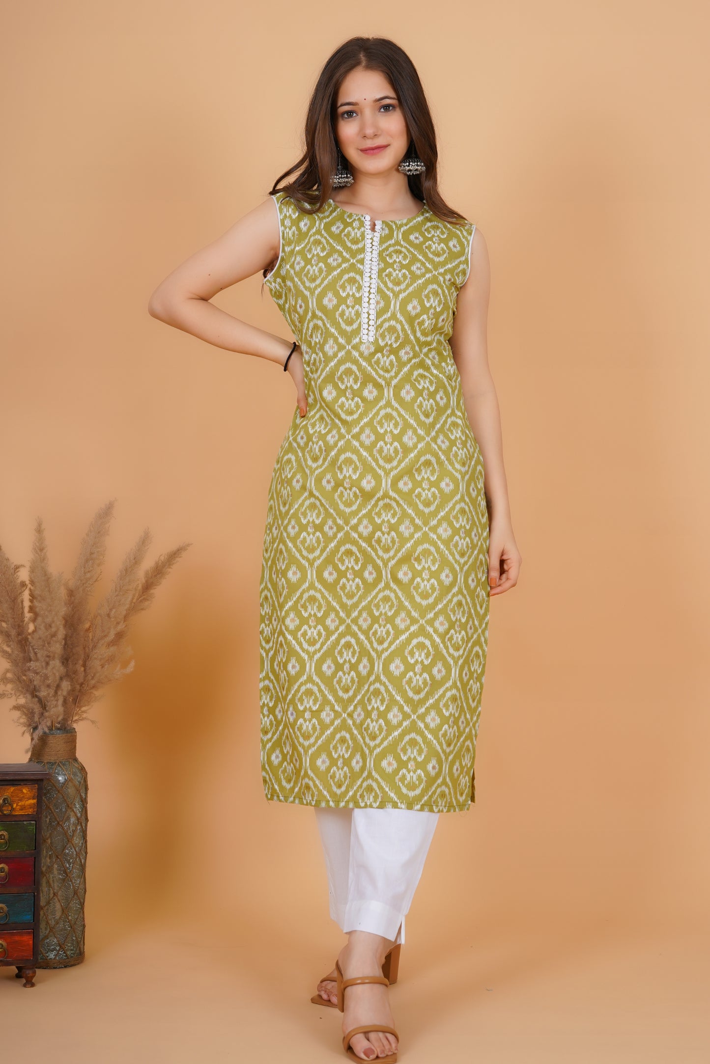 RimeLine Ethnic motifs printed Round neck Green Straight Kurta for Women