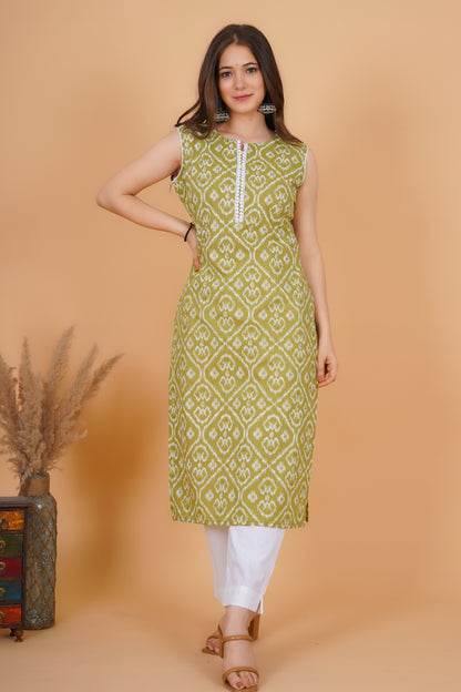 RimeLine Ethnic motifs printed Round neck Green Straight Kurta for Women