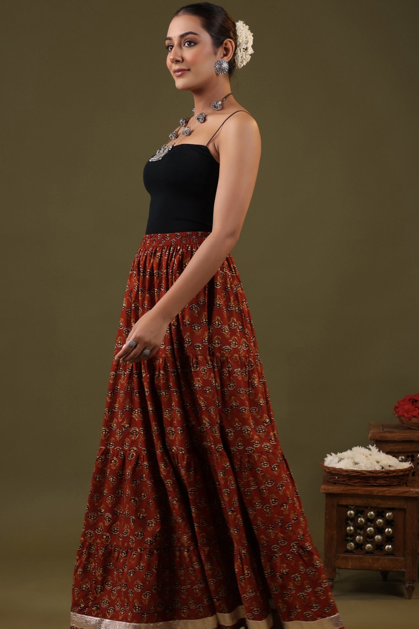 Rimeline Printed Pure Cotton Flared Tiered Maxi Skirt