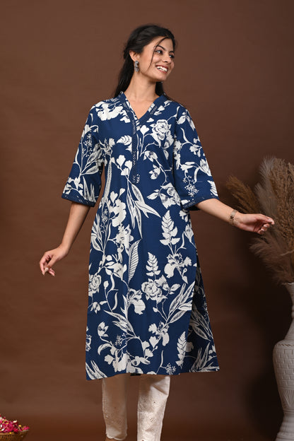 Rimeline Floral Screen Printed V-Neck Pure Cotton Straight Kurta