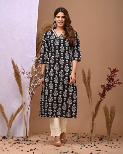 Floral Printed V-Neck Pure Cotton Kurti