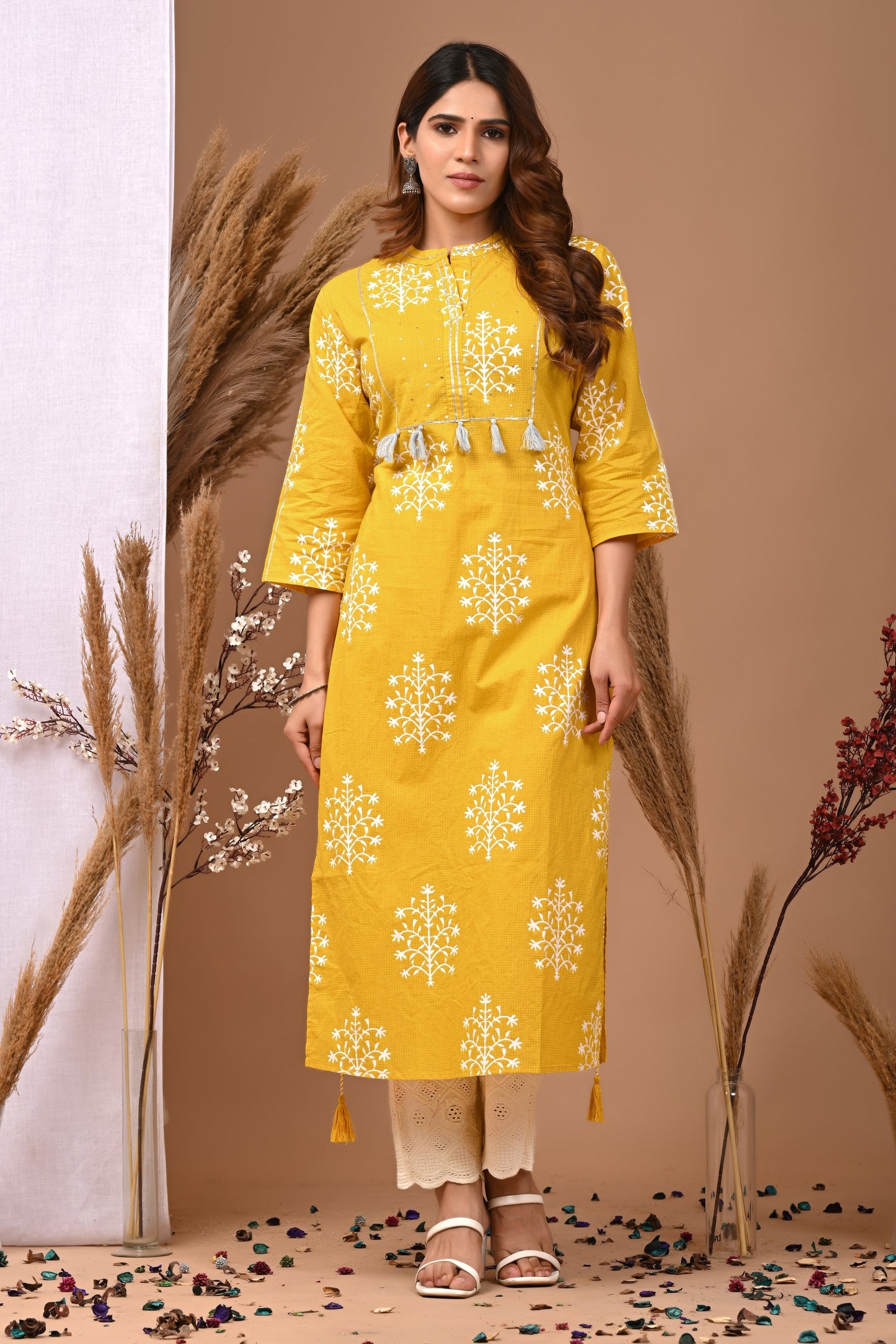 RimeLine Mesh Yellow Mandain Neck Kurti For Women