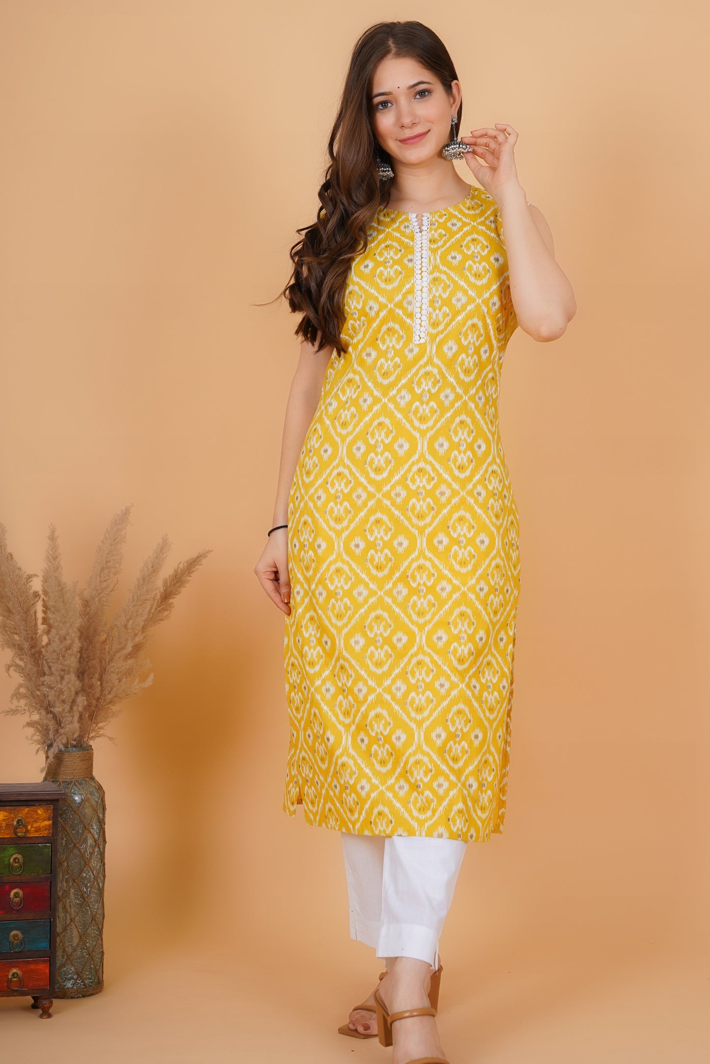 RimeLine Yellow Ethnic motifs printed Round neck Sleeveless Straight Kurta for Women