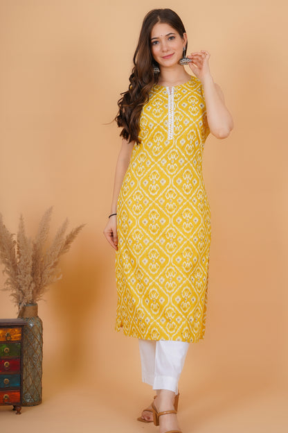RimeLine Yellow Ethnic motifs printed Round neck Sleeveless Straight Kurta for Women