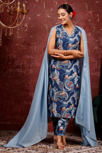 Rimeline Women Floral Printed Cotton Kurta with Trousers & Dupatta