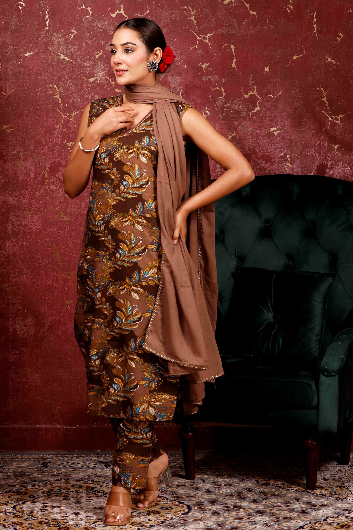 Rimeline Ethnic Motifs Printed V-Neck Pure Cotton Kurta With Trousers & Dupatta