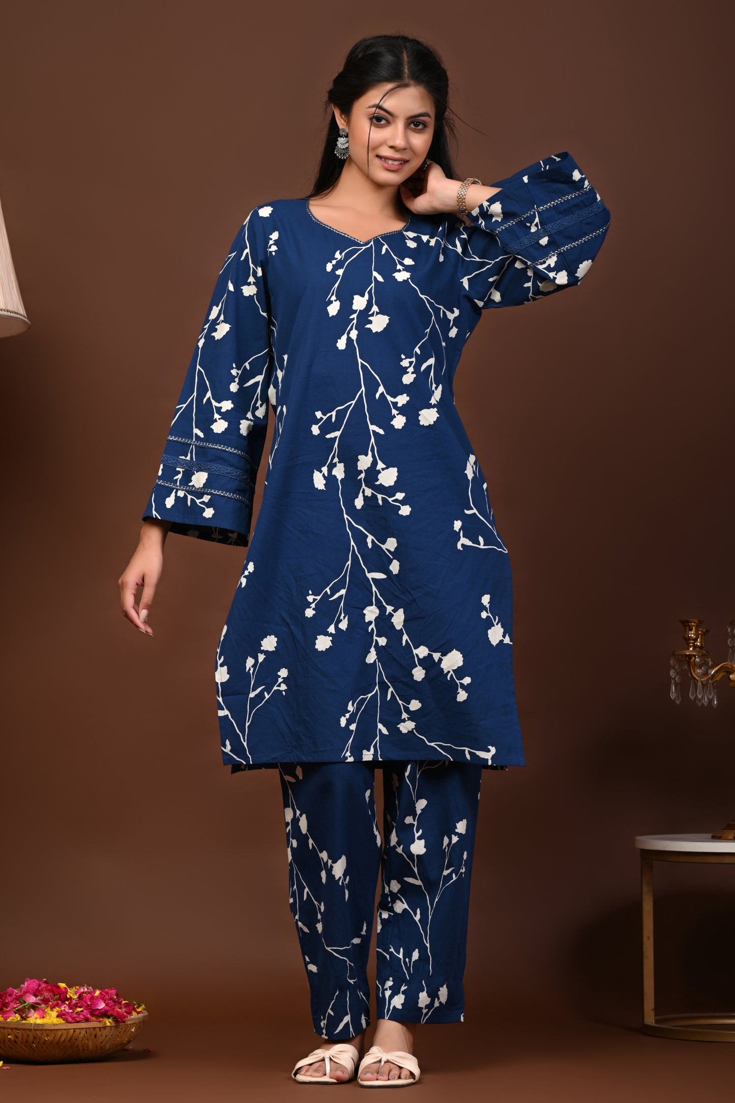 Rimeline Floral Printed V-Neck Flared Sleeves Pure Cotton Straight Kurta With Trouser
