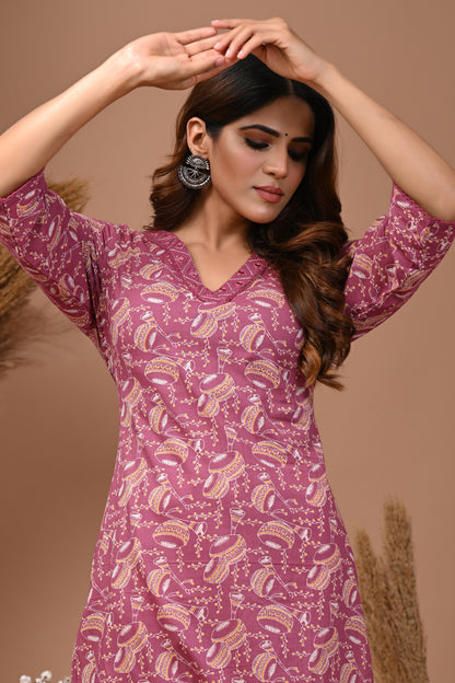 RimeLine Purple Ethnic Motifs Printed V-Neck Cotton Kurti