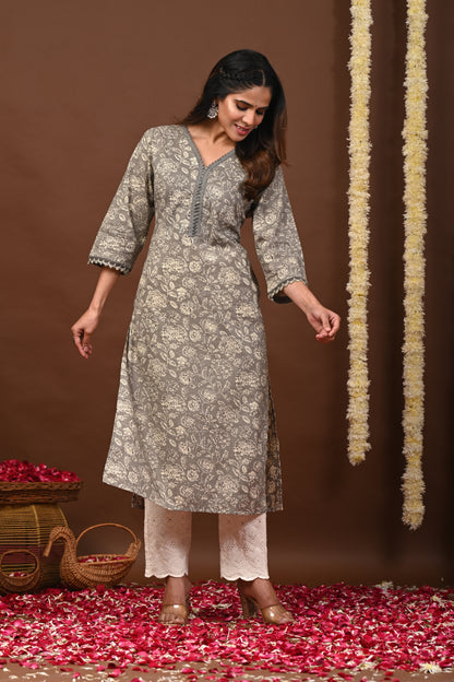 Rimeline Floral Printed V-Neck Pure Cotton Straight Kurtas