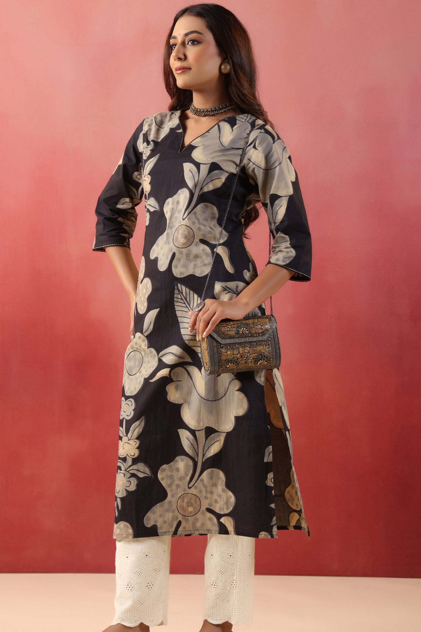 Rimeline Floral Printed V-Neck Pure Cotton Straight Kurta