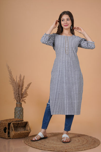 RimeLine Round Neck stripped Straight kurta for women - Rimeline