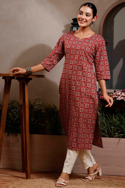 Rimeline Ethnic Motifs Printed Notch Neck Straight Cotton Kurta