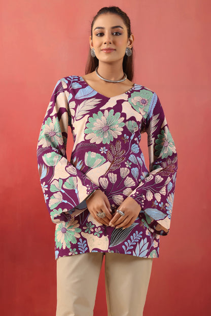 Rimeline Women Purple Floral Printed V-Neck Cotton Short Kurti